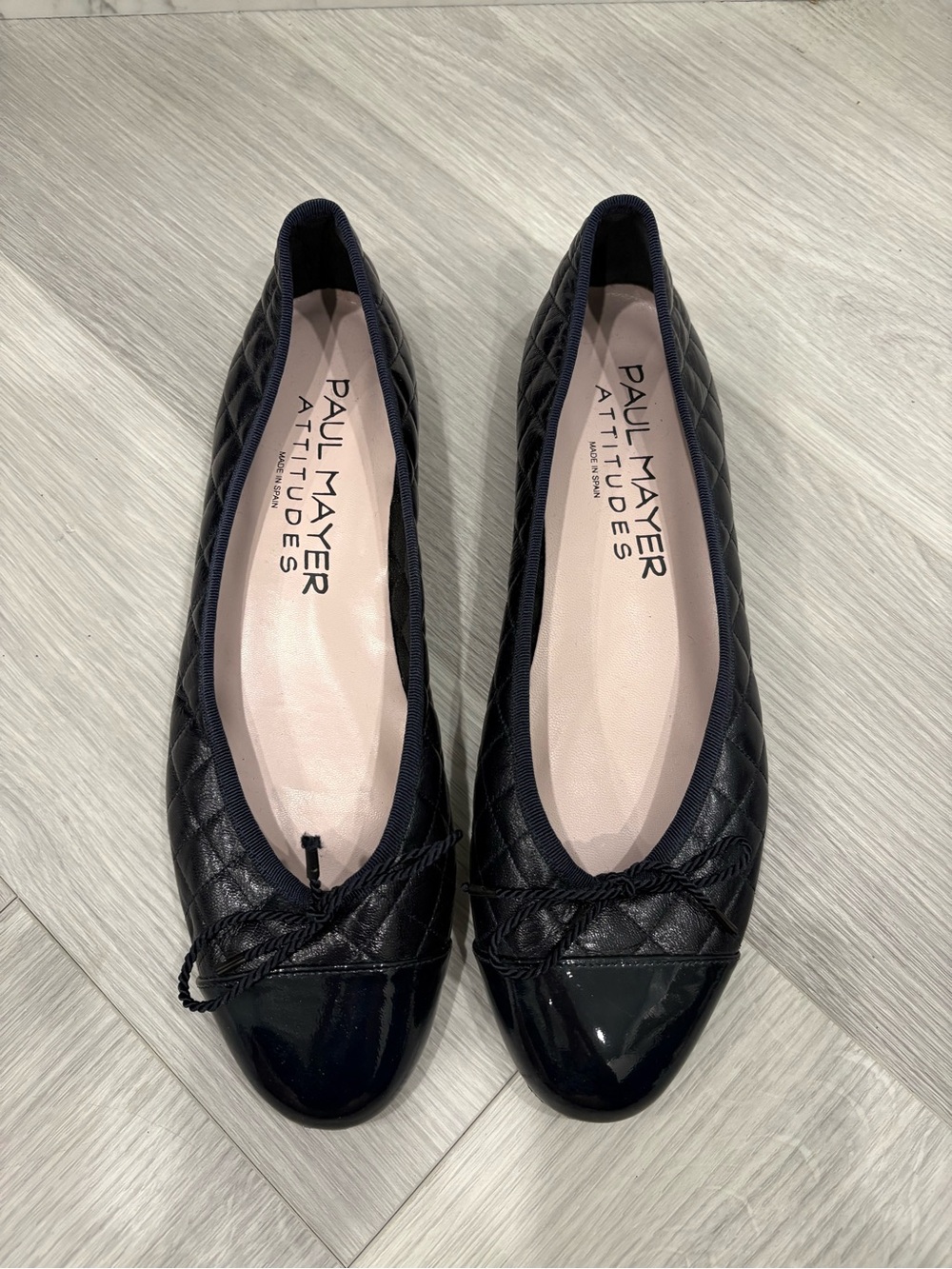 Paul Mayer Black Quilted Ballet Flats with Patent Cap